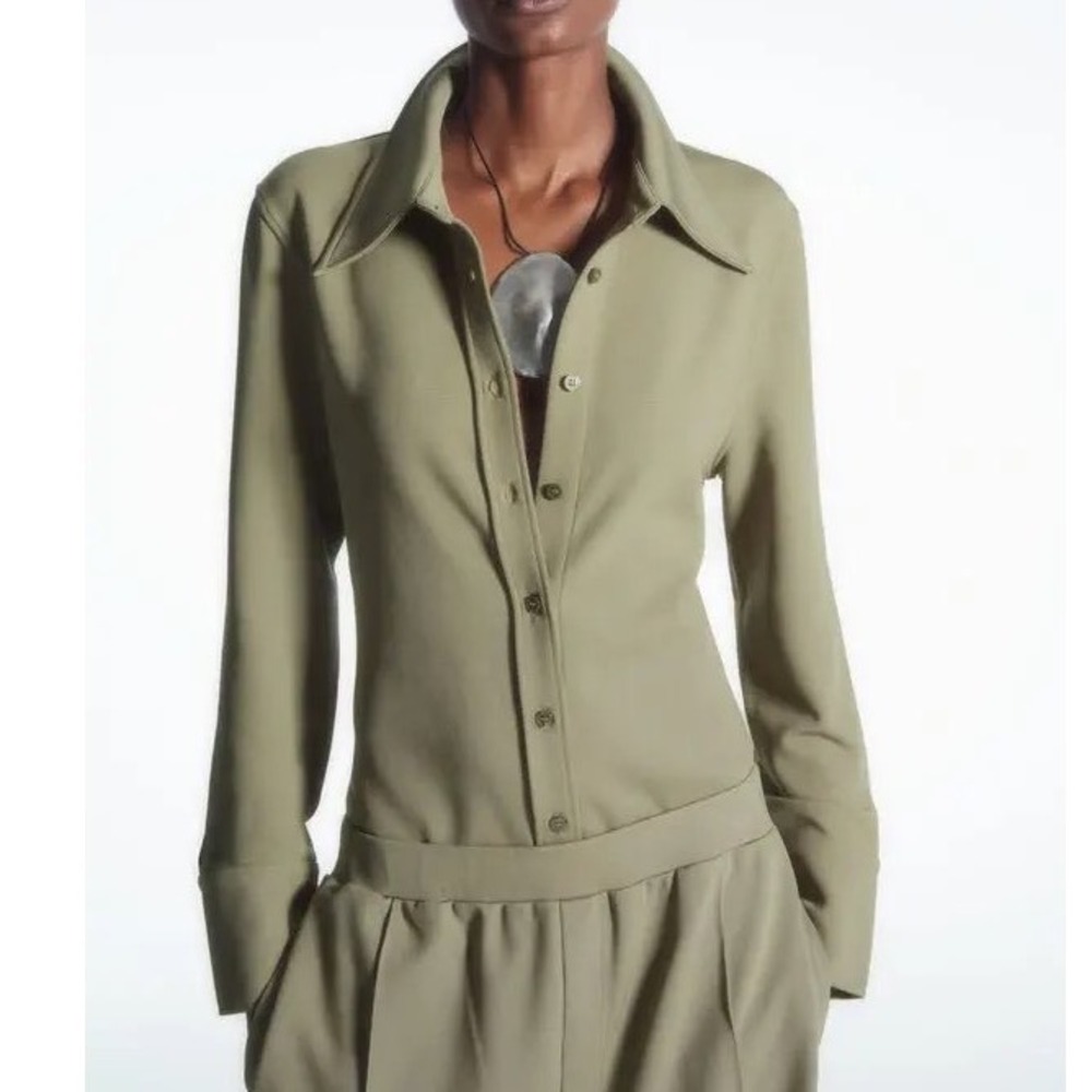 COS Ponte Knit Button Down Shirt XS Olive Green Capsule Minimalist Quiet Luxury